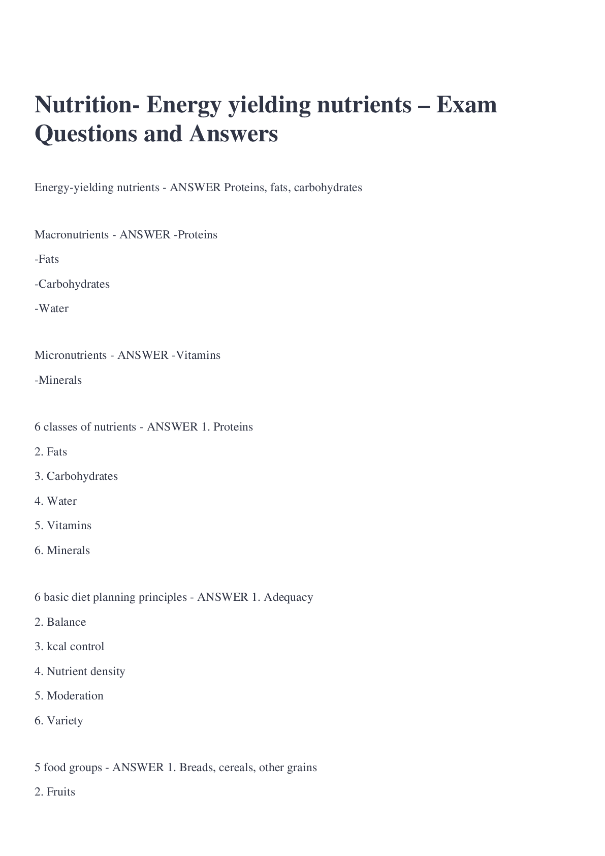 Preview image for Nutrition- Energy yielding nutrients – Exam Questions and Answers